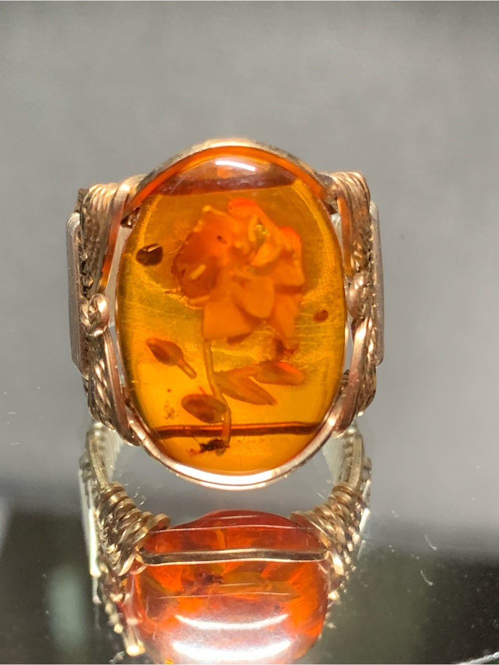 Vintage Amber Floral Statement Ring - Golden Orange Oval Cabochon